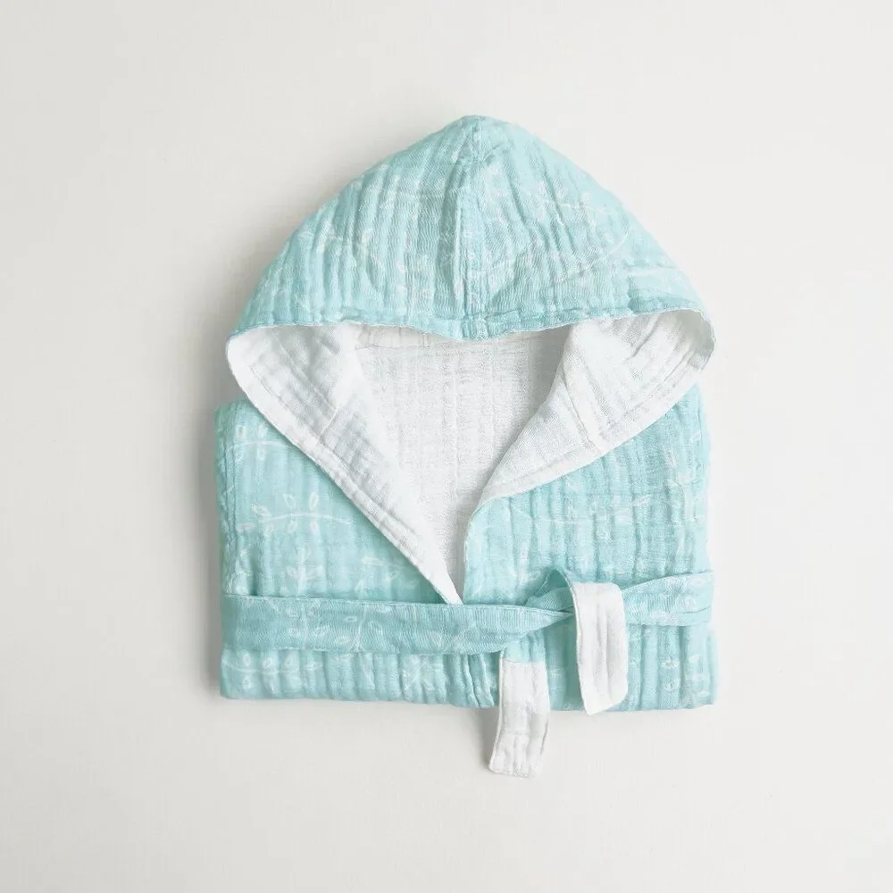 KIDS Organic Muslin Cotton Bathrobe - Reversible Blue Leaves